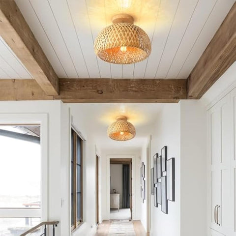 Schindora Bamboo Ceiling Light,Rattan Semi Flush Mount Ceiling Light Fixture,Handmade Boho Rattan Light Fixtures,Farmhouse Light Fixtures for Bedroom Nursery Hallway Corridor Passway