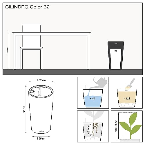 Lechuza CILINDRO Color 32 Self Watering Planter Garden Plastic Indoor and Outdoor Flower Plant Pot with Drainage Hole D32 H56 cm Sand Brown