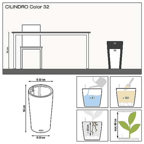 Lechuza CILINDRO Color 32 Self Watering Planter Garden Plastic Indoor and Outdoor Flower Plant Pot with Drainage Hole D32 H56 cm Sand Brown