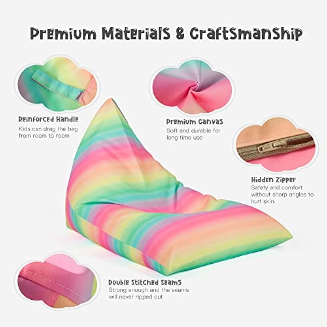 Nobildonna Stuffed Animal Storage Bean Bag Chair Cover Only for Kids and Adults, Extra Large Beanbag Without Filling Plush Toys Holder and Organizer- Premium Canvas 250L (Rainbow Stripes)