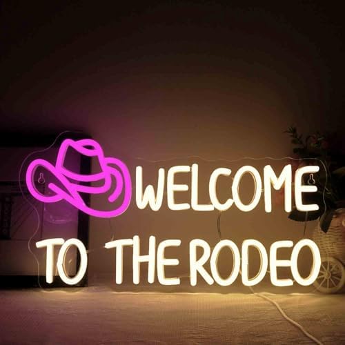 Ineonlife Welcome To The Rodeo Neon Sign, Western Cowboy Hat Neon Light for Wall Decor, Pink Warm White Neon Lights, Dimmable Led USB Light Up Signs for Living Room Man Cave Bar Recreation Room Decor