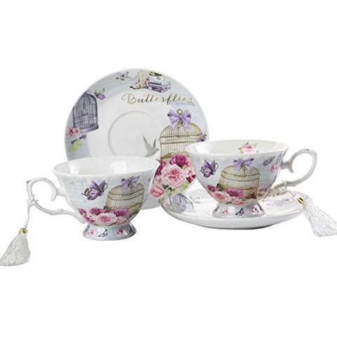 Coffee Tea Cup and Saucer Set 2 Shabby Chic Vintage Flora Porcelain Set Gift Box (Lalic Summer Garden)