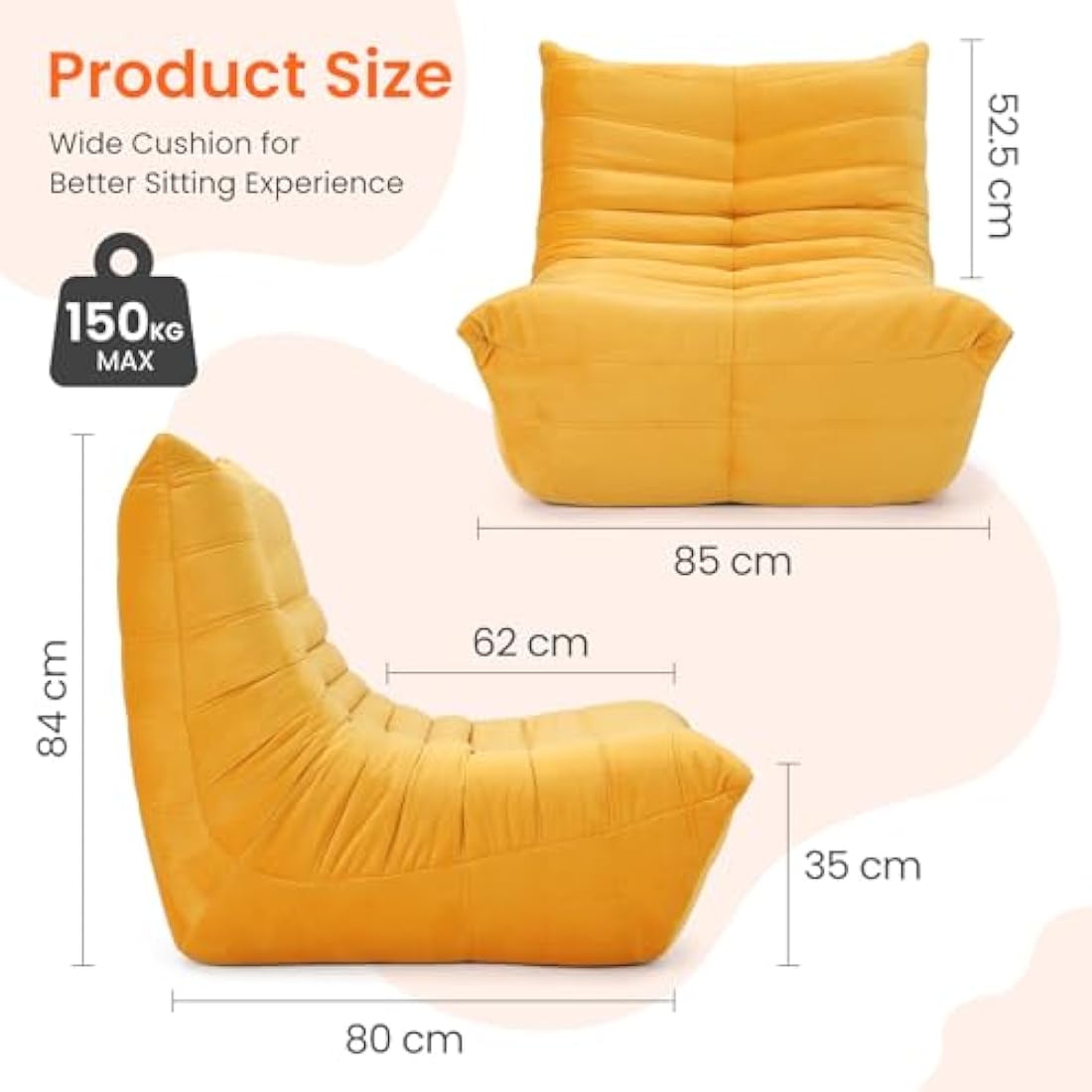 Vesgantti Togo Fireside Chair Yellow, Soft Suede Lounge Chair, Premium Foam Togo Sofa, Lazy Floor Sofa Couch, Corner Bean Bag Sofa for Living Room, Armless Accent Chair for Bedroom, Salon Office