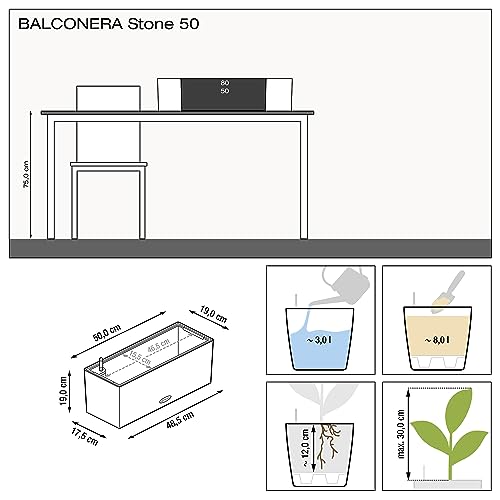 Lechuza BALCONERA Stone 50 Self Watering Planter Plastic Indoor/Outdoor Flower Plant Pot Table and Window Box with Drainage HoleH19 L50 W19 cm