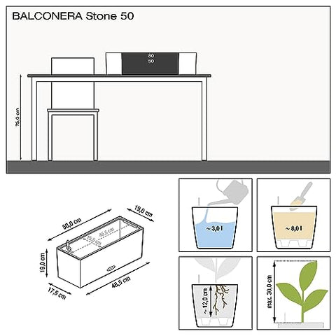 Lechuza BALCONERA Stone 50 Self Watering Planter Plastic Indoor/Outdoor Flower Plant Pot Table and Window Box with Drainage Hole H19 L50 W19 cm Sand