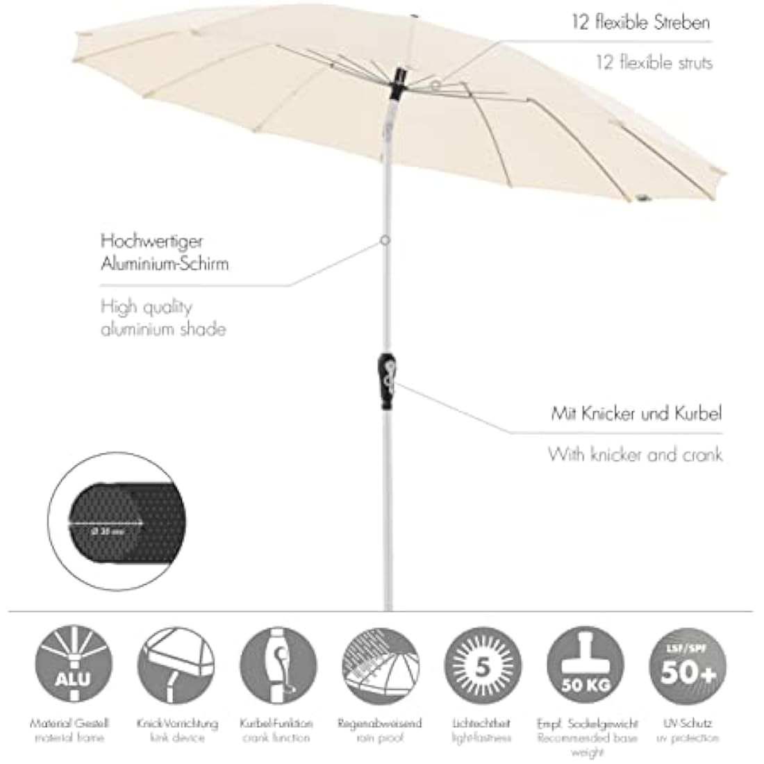 Doppler Parasol Asia Look SL-AZ Auto Tilt 250 cm Nature I Garden Umbrella Bendable I Crank Umbrella with UV Protection 50+ I Crank Umbrella Made of Aluminium I Rainproof Polyester Umbrella Roof