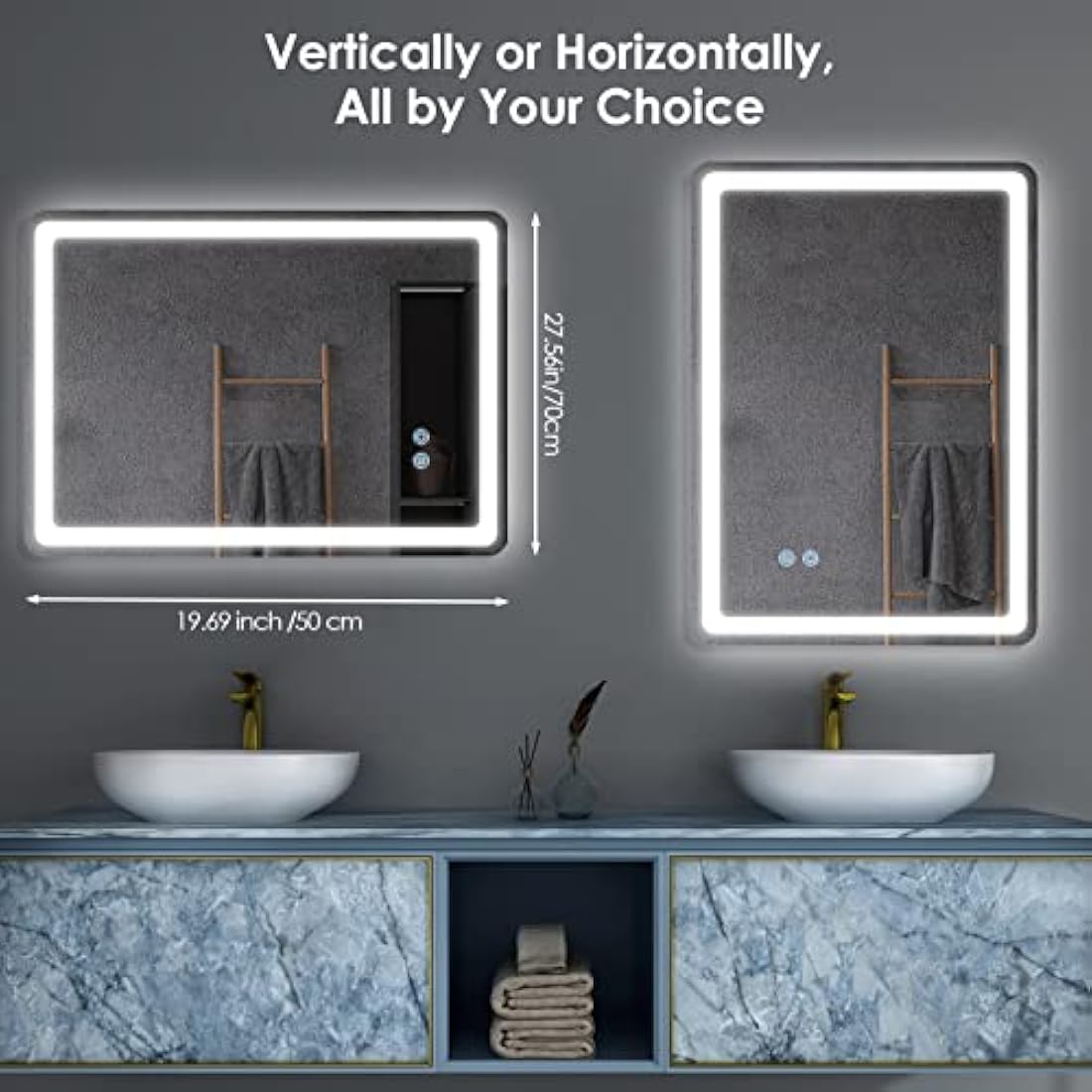 Potuem Bathroom Mirror with LED Lights, 500 * 700 MM Illuminated Backlit Wall Mounted Vanity Mirror with 3 Lights, Anti-Fog, Dimmable, IP54, Horizontal/Vertical