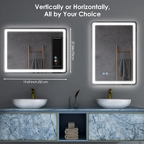 Potuem Bathroom Mirror with LED Lights, 500 * 700 MM Illuminated Backlit Wall Mounted Vanity Mirror with 3 Lights, Anti-Fog, Dimmable, IP54, Horizontal/Vertical
