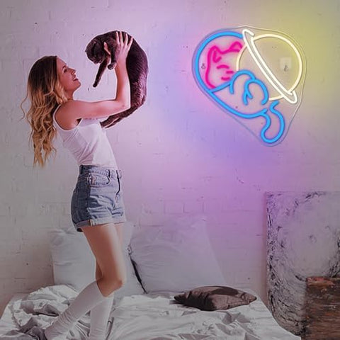 Horseneon Astronomical Planet Cat Neon Sign Animal Neon Light for Bedroom USB Dimmer Neon Sign for Wall Cat Lovers Kid's Room Living Room Bar