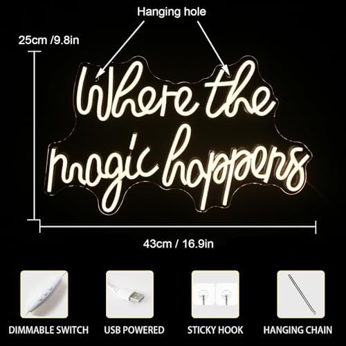 Where The Magic Happens Neon Signs Led White Word Light Up Signs for Wall USB Powered Letter Neon Light Signs Night Light for Bedroom Wedding Birthday Decor Girl Gift
