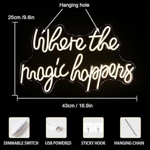 Where The Magic Happens Neon Signs Led White Word Light Up Signs for Wall USB Powered Letter Neon Light Signs Night Light for Bedroom Wedding Birthday Decor Girl Gift