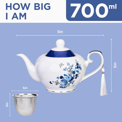 London Boutique teapot with Infuser - Tea Pot infusers for Loose Tea -700ml Capacity Perfect 2 Cup teapot -Easy Grab Handle Teapots (Rose Butterfly Navy)