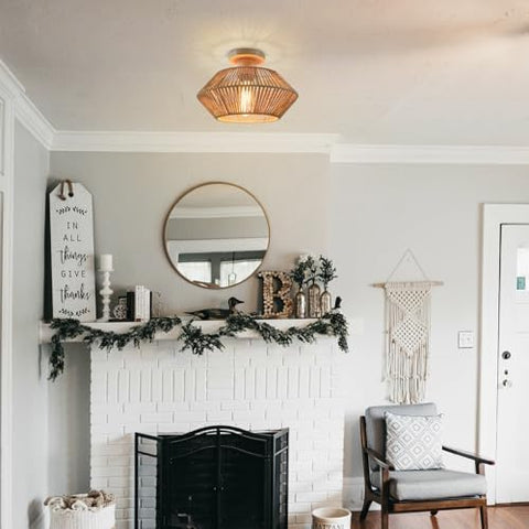 LynPon Bohemian Woven Rattan Ceiling Light, Hand-Worked Cage Chandelier Farmhouse Natural Mini Rattan Lamp for Living Room Bedroom Kitchen Entryway