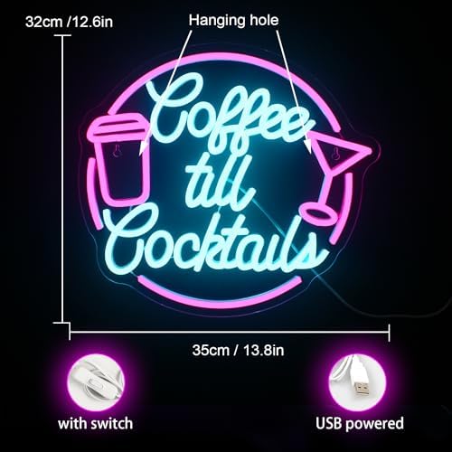 Coffee till Cocktail Neon Signs Blue Pink Led Neon Bar Sign Letter Neon Light Coffee Led Signs Cocktail Bar Neon for Cafe Bar Restaurant Party Wall Decor Gift