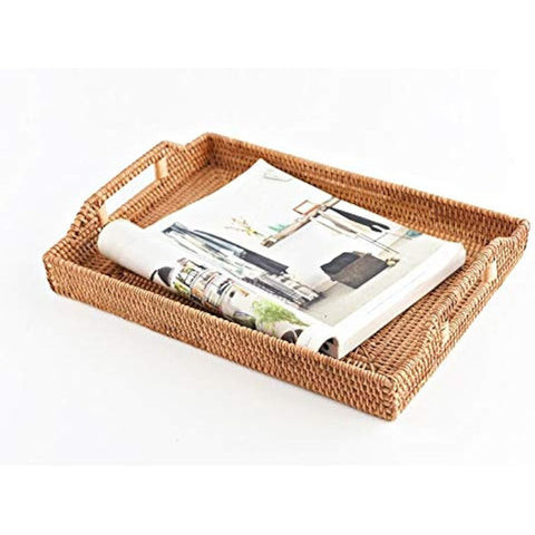 DOKOT Rattan Tray Tea Trays Rectangle Serving Tray with Handles for Coffee Table, Food, Drinks, Dinner, Breakfast, Home Decor Natural, 17x11.4x1.8inches