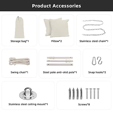 Goutime Hammock Chair Swing, 2 Seat Cushions/Pillows, Detachable Metal Support Bar, Carry Bag, Bedroom/Outdoor, 330 lbs max (Gray)