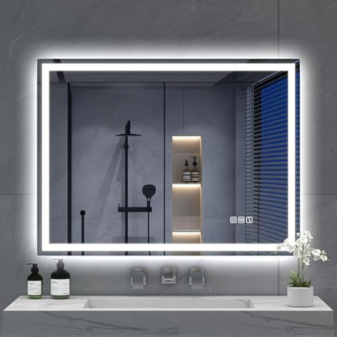 S'bagno Bluetooth-Bathroom-Mirror-with-LED-Lights 800x600mm, LED-Bathroom-Mirror with Defogging Mat, 3000K-6500K, Dimmable, Memory, HD Tempered Glass, IP44 Waterproof, Horizontal/Vertical