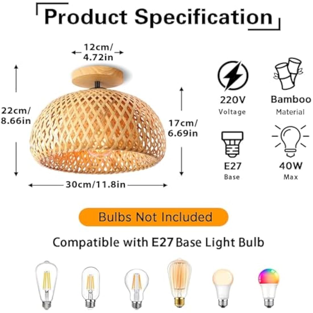 Schindora Bamboo Ceiling Light,Rattan Semi Flush Mount Ceiling Light Fixture,Handmade Boho Rattan Light Fixtures,Farmhouse Light Fixtures for Bedroom Nursery Hallway Corridor Passway