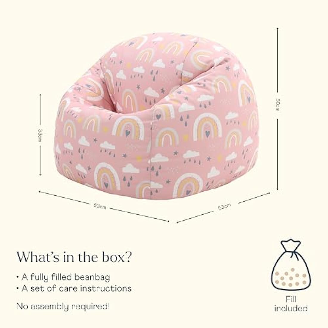 icon Rainbow Print Kids Bean Bag, Kids Bean Bag Chair with Filling Included for Girls and Boys, Childs Chair, Beanbags for Children, Nursery Décor, Playroom Décor, Bedroom Accessories