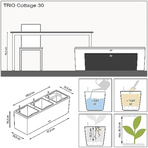Lechuza TRIO Cottage 30 Self Watering Planter Large Rattan Look Plastic Indoor and Outdoor Plant Pot with Drainage Hole H34 L100 W32 cm Granite