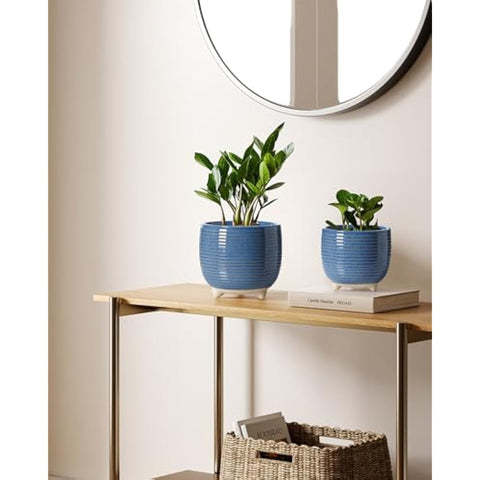 LE TAUCI Ceramic Plant Pots, 12 + 16 cm Footed Pots for Plants, Cute Modern Flower Pots for House and Office, Small Indoor Planters with Drainage, Reactive Glaze Blue
