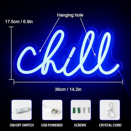 ineonlife Chill Neon Sign Blue Led Sign Chill Neon Wall Light 14'' x 7'' Letter Led Signs for Wall Decor Led Lights for Bedroom Bar Hotel Game Room