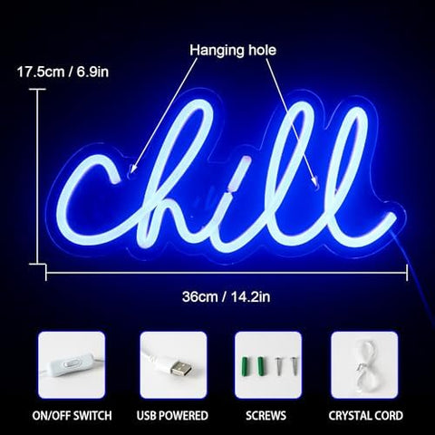 ineonlife Chill Neon Sign Blue Led Sign Chill Neon Wall Light 14'' x 7'' Letter Led Signs for Wall Decor Led Lights for Bedroom Bar Hotel Game Room