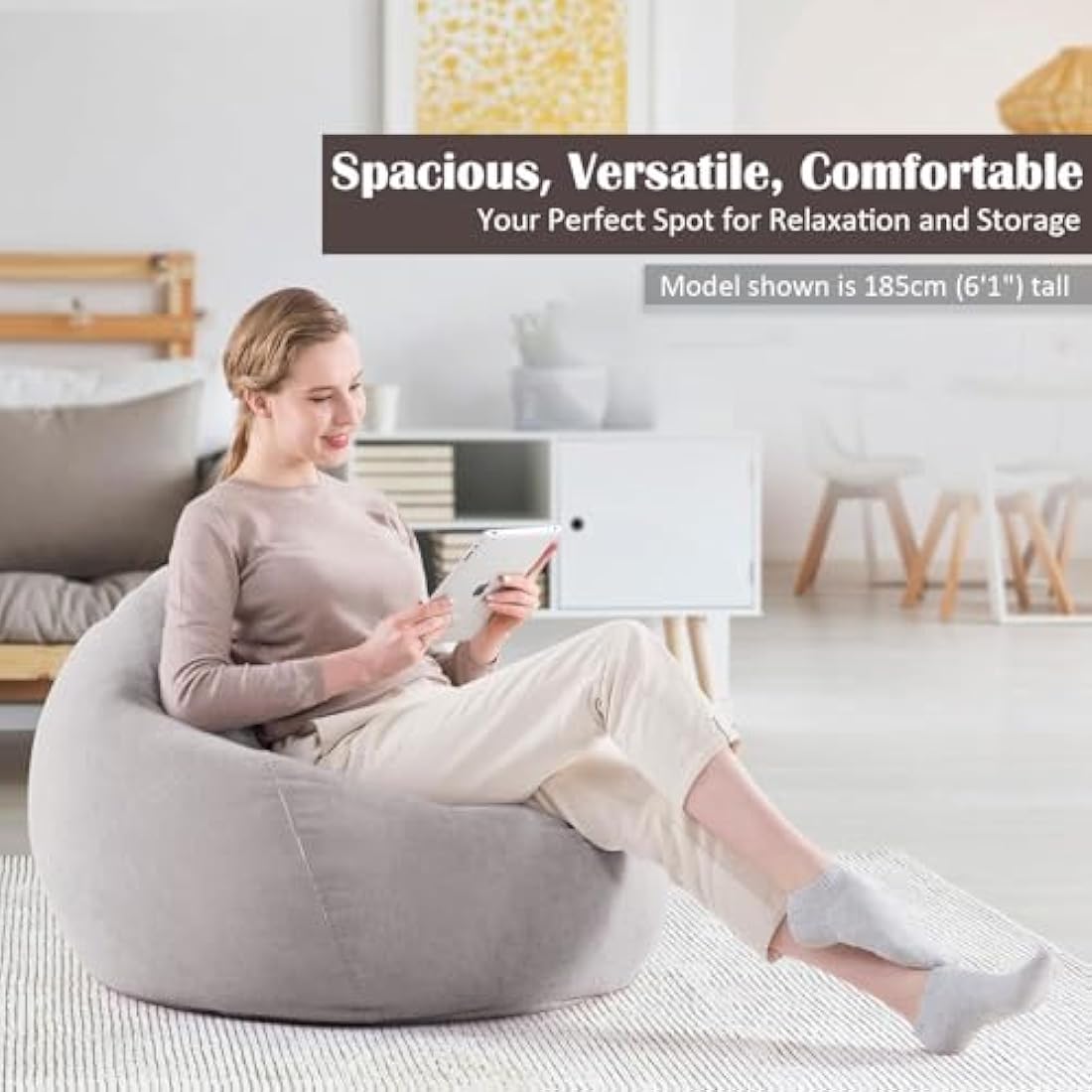 Nobildonna Bean Bag Chair Cover (No Filler) for Kids and Adults. Extra Large 300L Bean Bag Stuffed Animal Storage Washable Soft Premium Corduroy Stuffed Plush Toys Bean Bag Cover (Light Grey)