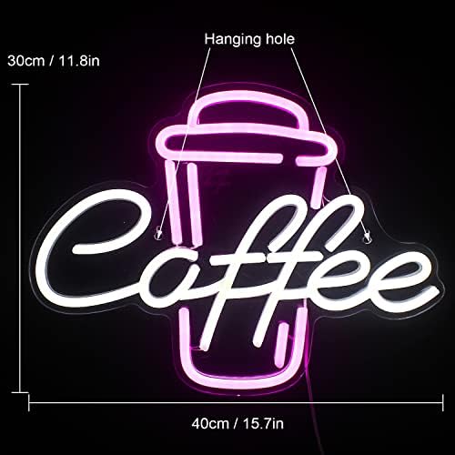 Ineonlife Coffee Neon Light Sign Pink Neon Signs Neon Lights White Open Sign White Letter Light Up Coffee Cup Neon Light Signs for Wall Cafe Bar Restaurant Decor