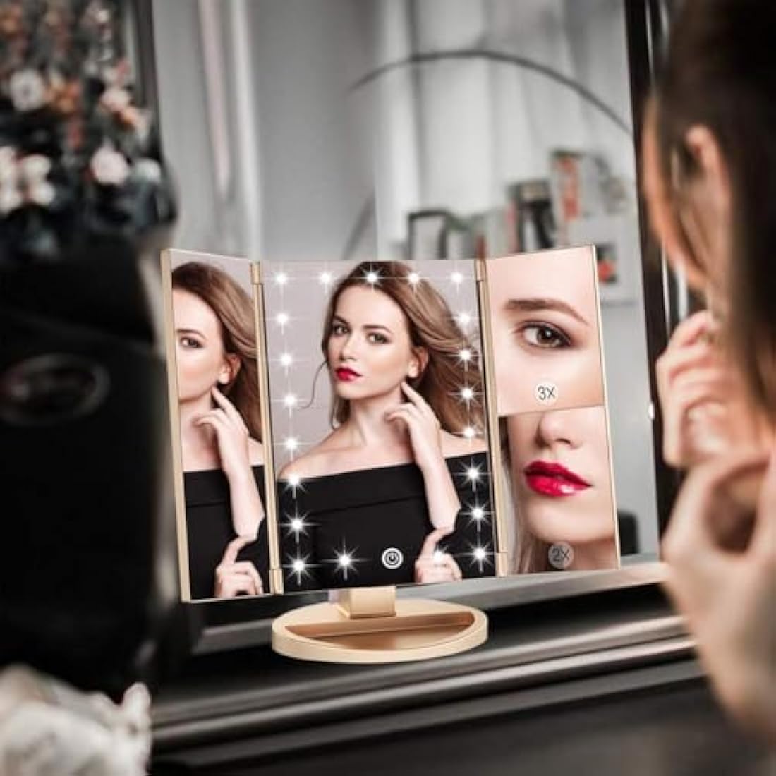 WEILY Tri-Fold Makeup Mirror with 2X/3X Magnifying 21 LEDs, 2 Power Supply Mode, Touch Switch Tabletop Cosmetic Mirror (Gold)