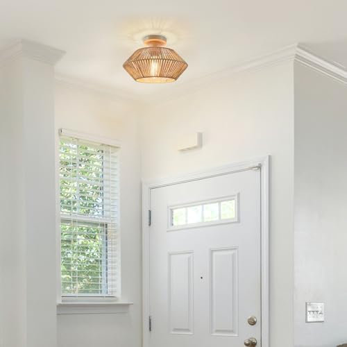 LynPon Bohemian Woven Rattan Ceiling Light, Hand-Worked Cage Chandelier Farmhouse Natural Mini Rattan Lamp for Living Room Bedroom Kitchen Entryway