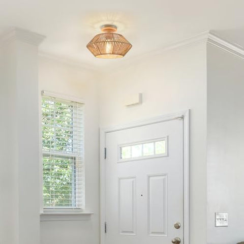 LynPon Bohemian Woven Rattan Ceiling Light, Hand-Worked Cage Chandelier Farmhouse Natural Mini Rattan Lamp for Living Room Bedroom Kitchen Entryway