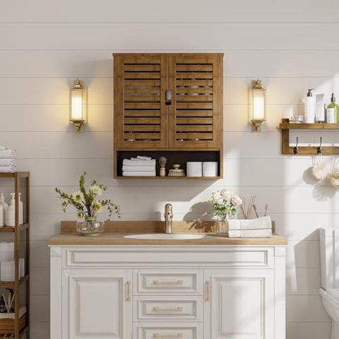 SMIBUY Bathroom Cabinet Wall Mounted, Bamboo Over-The-Toilet Storage Organizer, Space Saver Medicine Cabinet with 2 Door and Adjustable Shelves (Walnut)