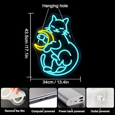 Horseneon Cat and Moon Neon Sign Cat Neon Signs for Wall Decor Moon Neon Light for Bedroom Animal USB Dimmer Neon Sign for Kid's Room Living Room Bar Cat Lovers