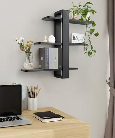 SUMGAR Floating Shelves Black for Wall Mounted Shelving Unit All Pine Wood 50CM 3 Tier Large Shelf for Bedroom Living Room Office Bathroom Home
