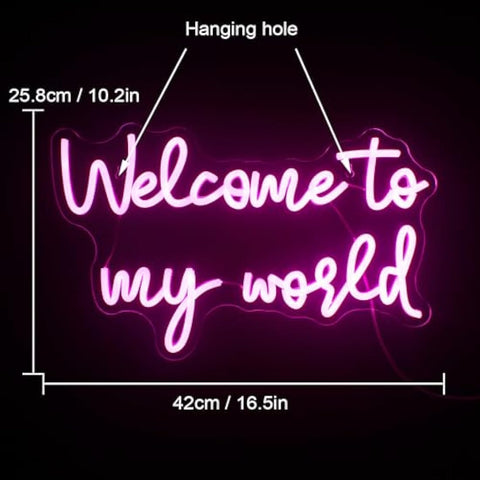 LUCUNSTAR Welcome To My World neon sign, neon letter signs for wall decoration, pink lights signs with USB connection for bedroom, window, playroom, living room