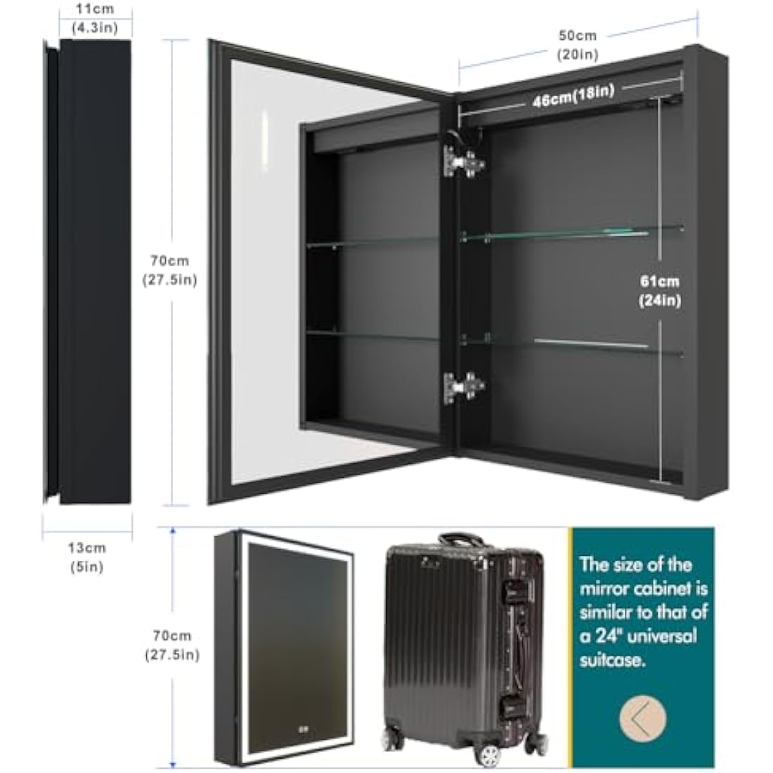 KWW 50 x 70 cm LED Lighted Bathroom Medicine Cabinet with Mirror, Defogger, Dimmer, 3 Color Light Makeup Mirror, Easy to Install, Wall Mounted Medicine Cabinet without Socket & USBs