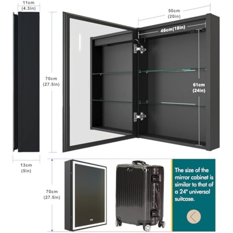 KWW 50 x 70 cm LED Lighted Bathroom Medicine Cabinet with Mirror, Defogger, Dimmer, 3 Color Light Makeup Mirror, Easy to Install, Wall Mounted Medicine Cabinet without Socket & USBs