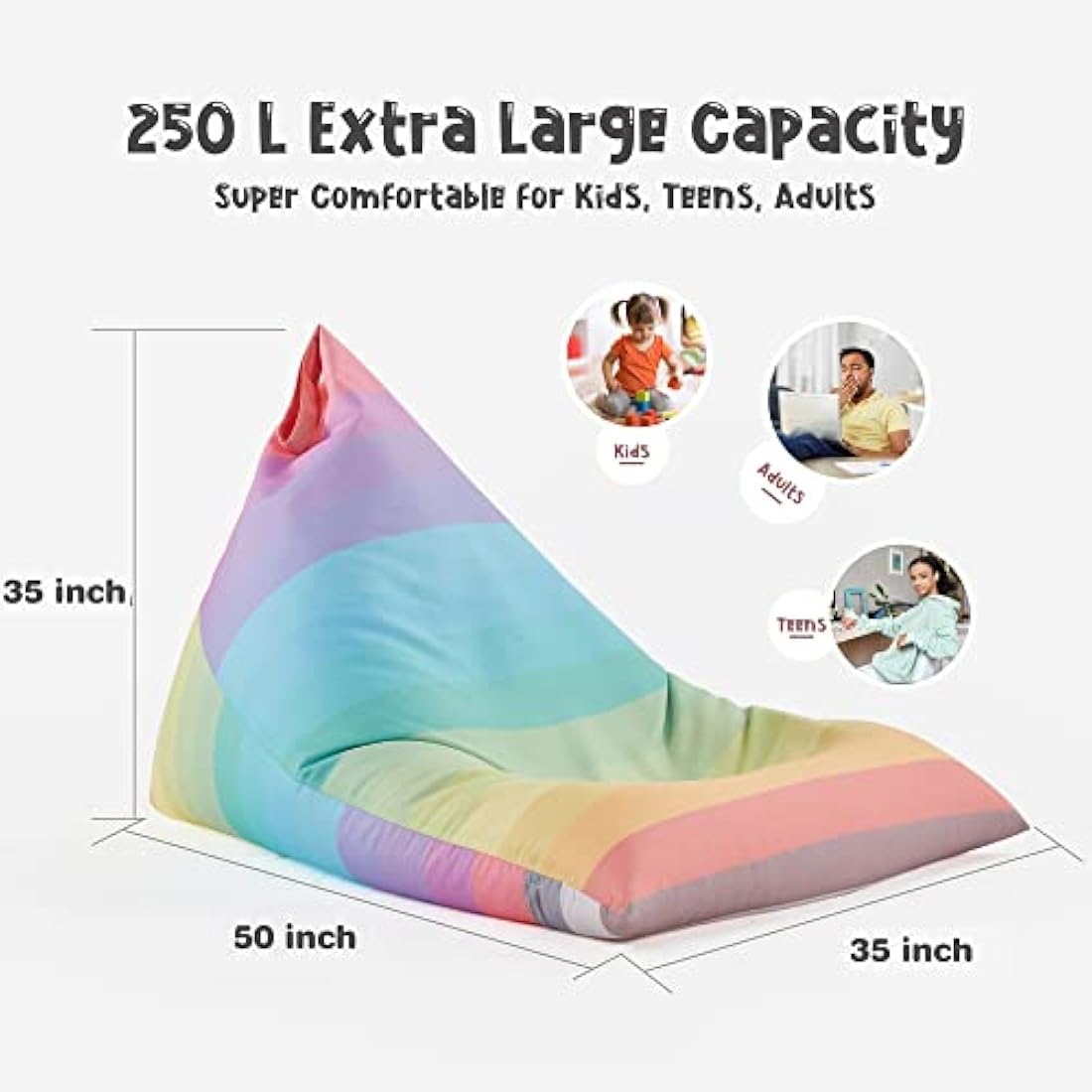 Nobildonna Stuffed Animal Storage Bean Bag for Kids (No Filler), Extra Large 250L Bean Bag Chair Cover Only, Washable Beanbag Without Filling Soft Premium Canvas Stuffable Bean Bag Cover (Rainbow)