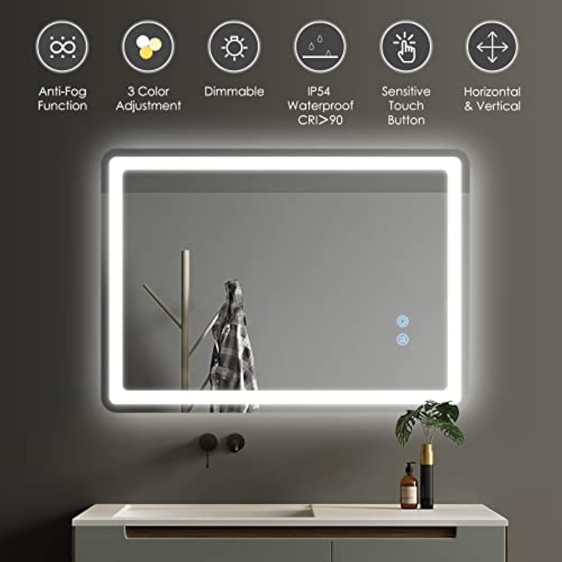 Potuem Bathroom Mirror with LED Lights, 500 * 700 MM Illuminated Backlit Wall Mounted Vanity Mirror with 3 Lights, Anti-Fog, Dimmable, IP54, Horizontal/Vertical