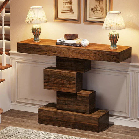 107cm Console Table, Wood Sofa Table Accent Table with Geometric Base