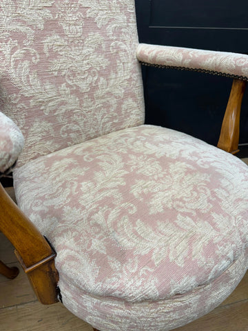 Pair Antique Pink Upholstered Bedroom Armchairs Chairs Mahogany Salon Seats