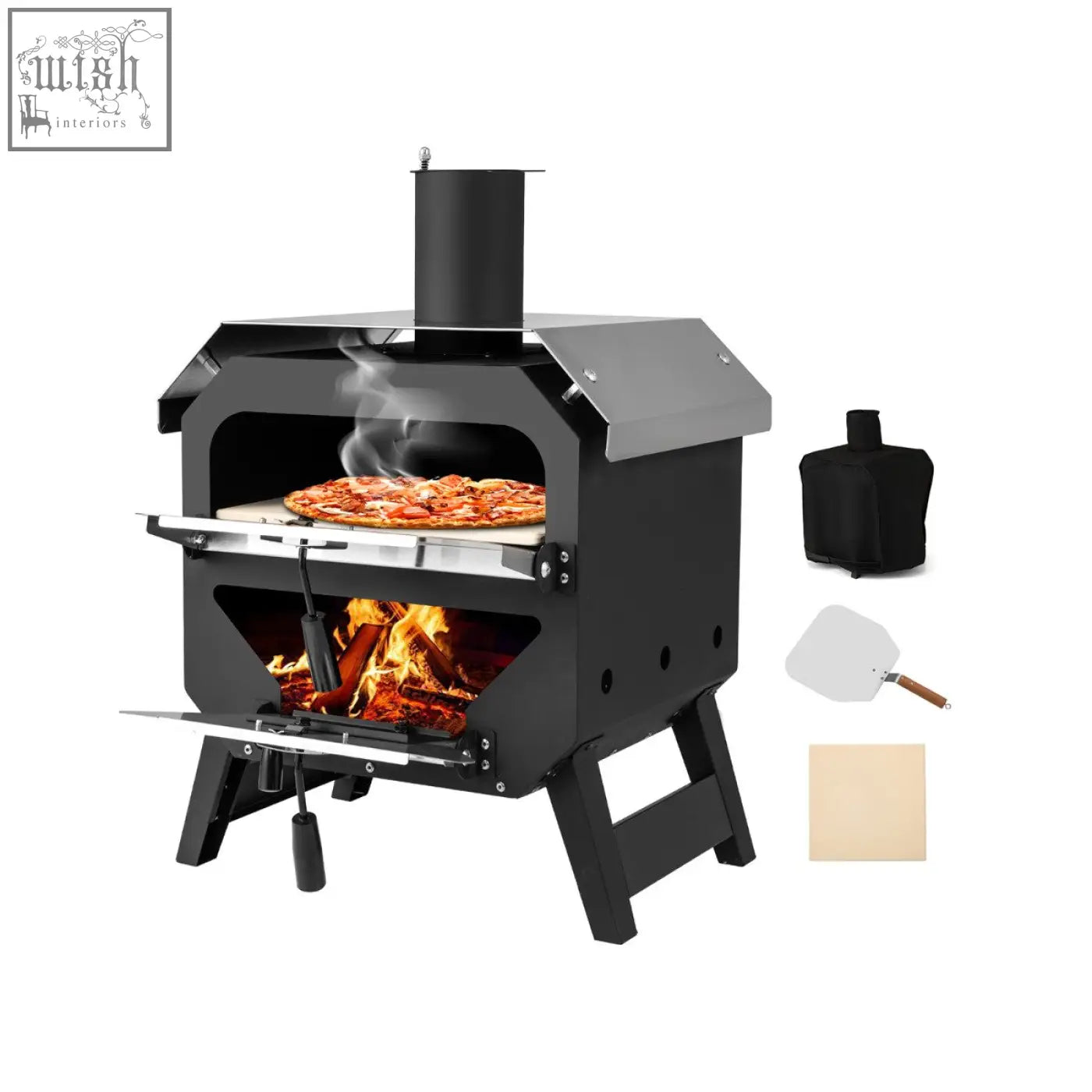 Black metal 45 cm outdoor pizza oven with burning wood, stainless steel fire door, and oxford cloth cover in black