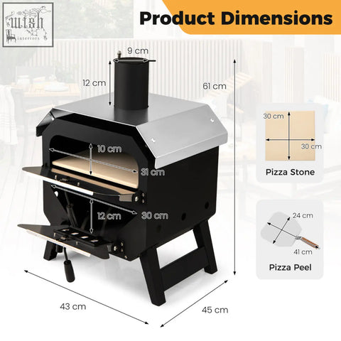 Black and silver 45 cm outdoor pizza oven with stainless steel chimney, wooden pizza stone, and oxford cloth cover