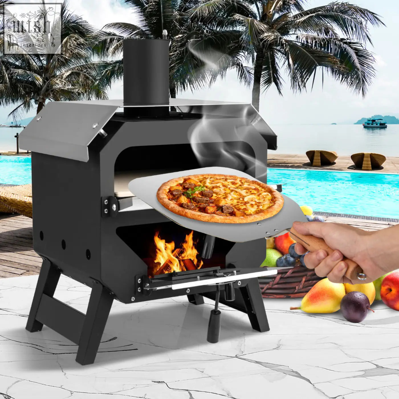 Black metal 45 cm outdoor pizza oven with chimney stainless steel pizza stone and oxford cloth cover serving fresh pizza