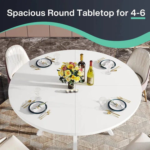 Modern White Round Dining Table - Minimalist Pedestal Base with Lower Shelf