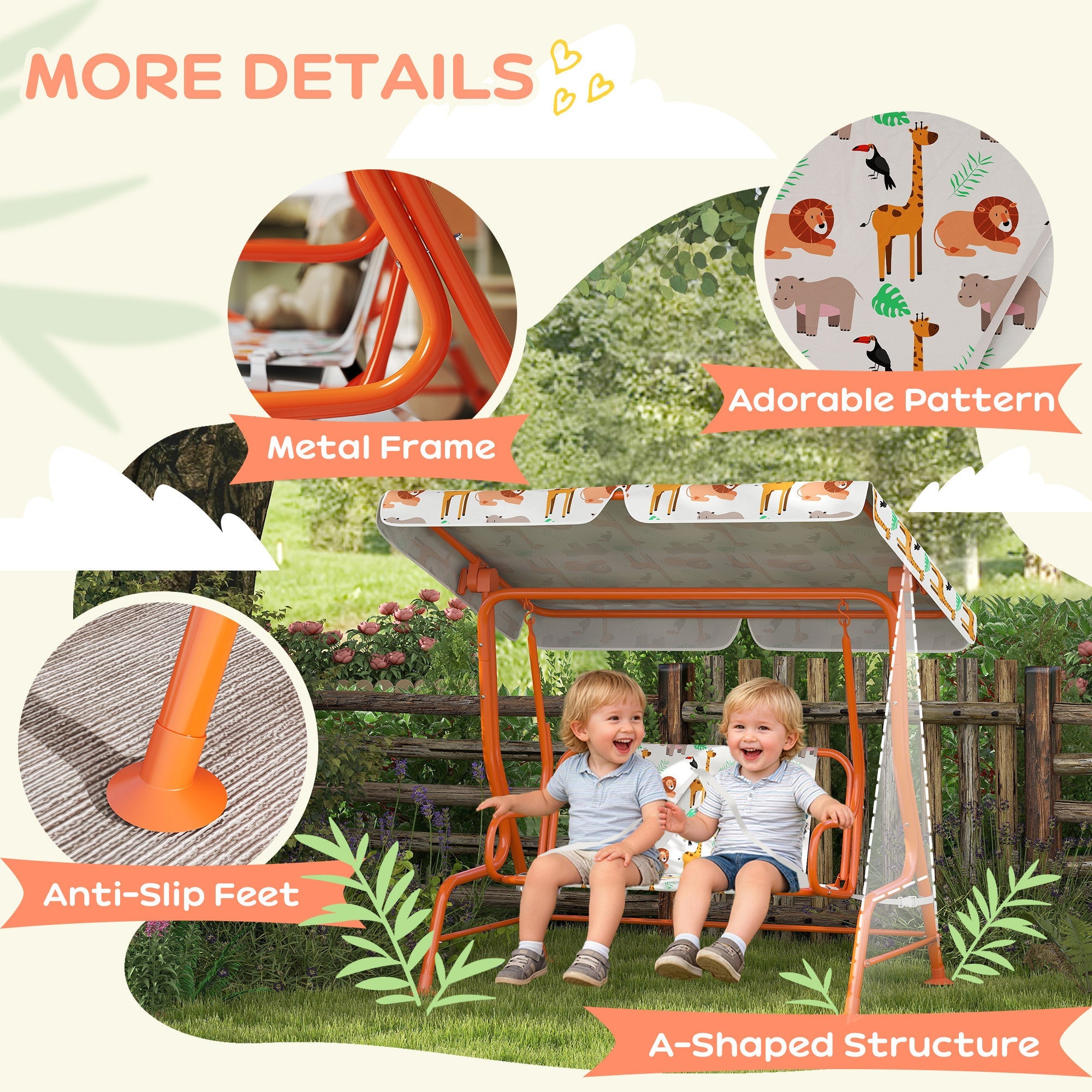 AIYAPLAY Kids Porch Swing, 2-Seater Patio Swing Bench Hammock with Seat Belts, Adjustable Canopy for Garden, Orange