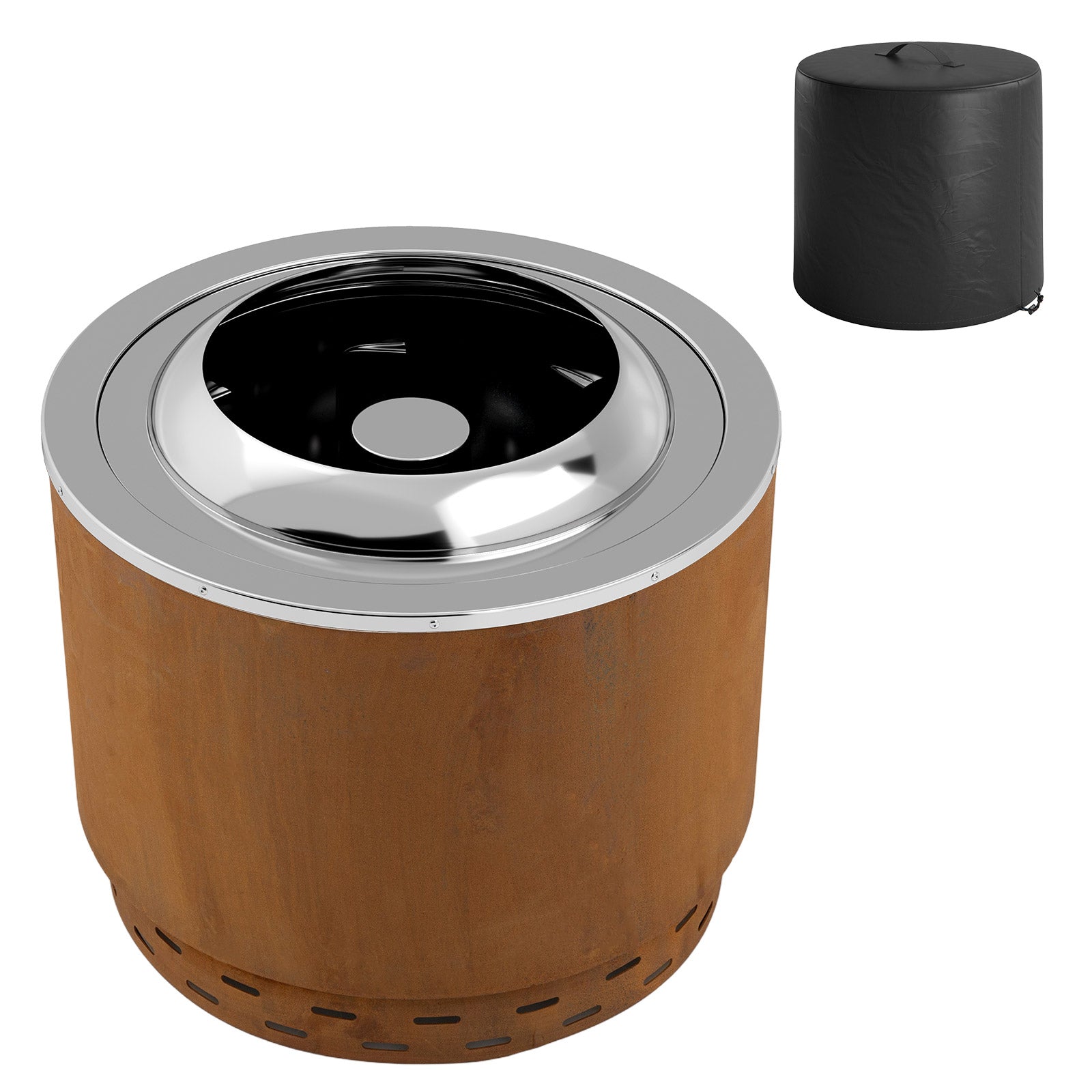 49cm smokeless stainless steel fire pit with rust-colored weathering steel shell and polished chrome lid and protective cover