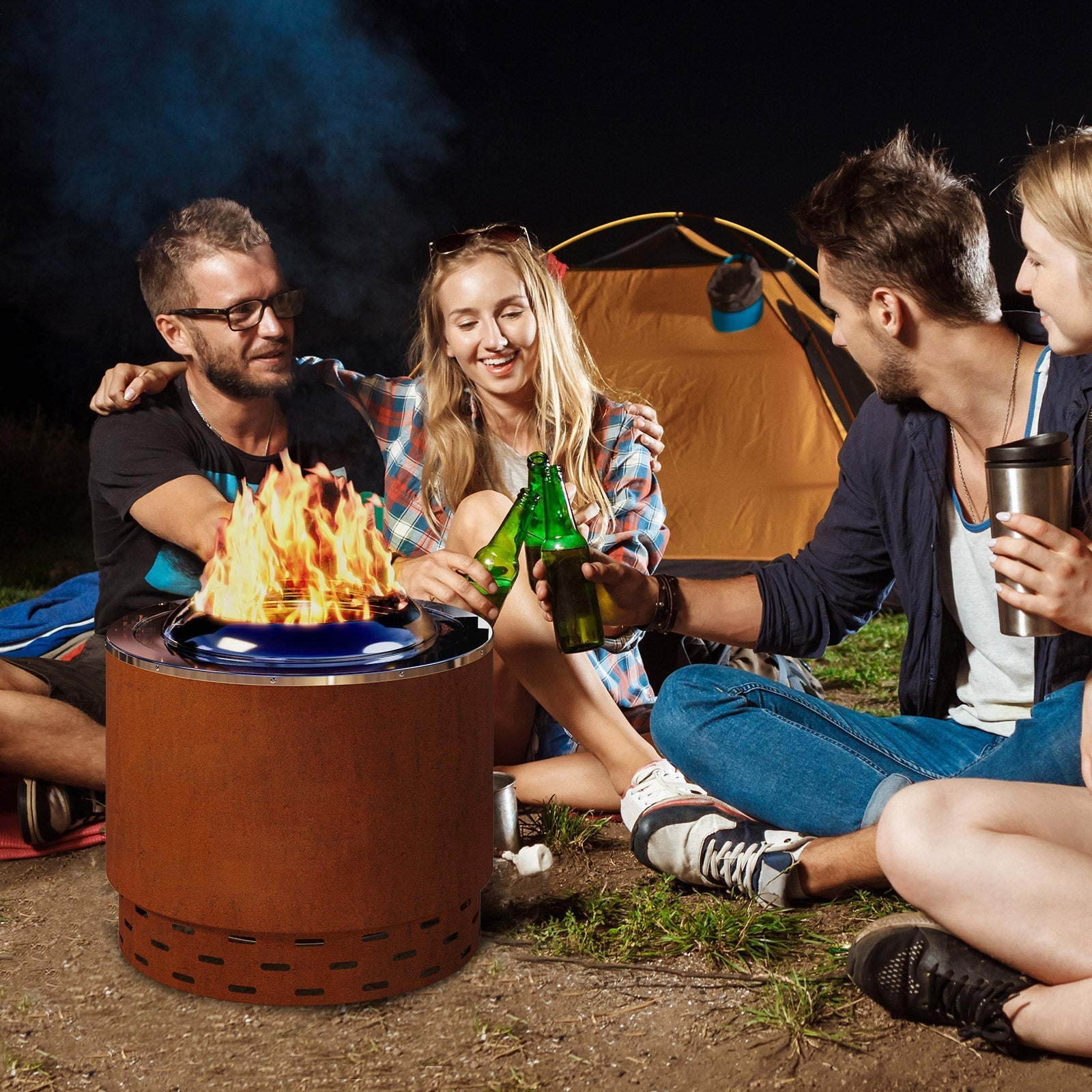 Rust-colored 49cm smokeless fire pit with blue burner made of stainless steel and weathering steel with perforated base