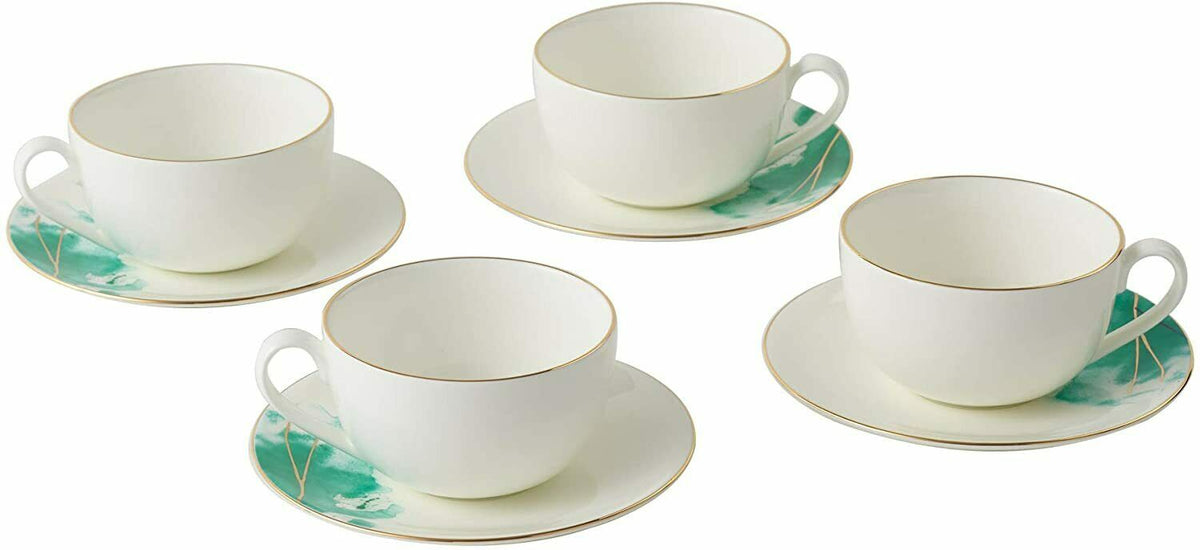 Cup and Saucer Set 4 Watercolour with Gold Banding Premium Porcelain Light Weight 200ml